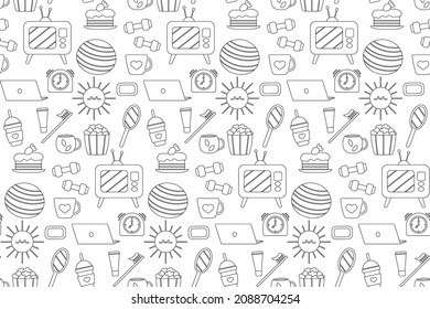 Seamless repeating pattern with cozy household items. Morning and evening routine. Vector illustration