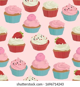 seamless repeating pattern of cupcakes with pink and white cream