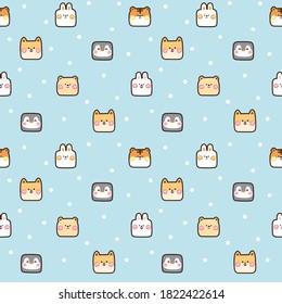 Seamless repeating pattern of cute animal face on blue background.Cartoon wallpaper.Vector.Illustration.
