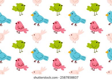Seamless repeating pattern of cute birds in bright colors. Perfect for fabric, wrapping paper, and nursery decor