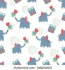 Seamless repeating pattern with cute blue elephants, gift boxes and balloons. Vector illustration, cute repeating pattern for fabric, Wallpaper or wrapping paper