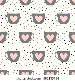 Seamless repeating pattern with cute cups in gray and pastel pink on dots background.