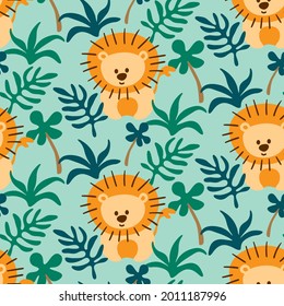 seamless repeating pattern with cute lions and plants