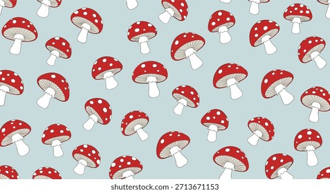 Un patrón de repetición sin fisuras de lindos hongos de taburete de sapo manchados rojos y blancos sobre un fondo azul claro sólido.