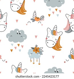 Seamless repeating pattern with cute unicorns on a white background. Vector illustration for fashion fabrics, textile graphics, prints, etc.