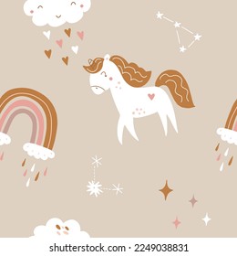 Seamless repeating pattern with cute unicorns on a white background. Vector illustration for fashion fabrics, textile graphics, prints, etc.