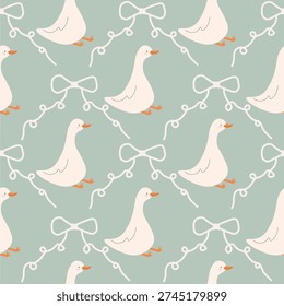 Seamless repeating pattern with cute white geese decorated with hand drawn ribbon bows on soft sage green background. Flat cartoon illustration in gentle pastel color palette. Perfect for nursery decor, baby textiles, children clothing, wrapping paper, stationery and cozy branding projects.