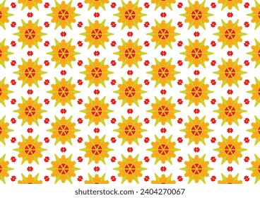 A seamless repeating pattern of dainty flowers with delicate petals and leafy stems set against a crisp white background. Abstract design. svg