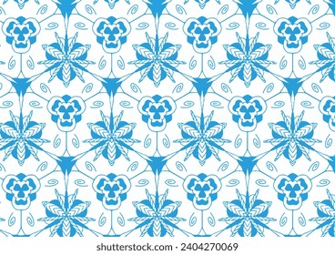 A seamless repeating pattern of dainty flowers with delicate petals and leafy stems set against a crisp white background. Abstract design. svg