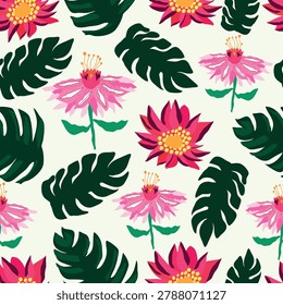 Seamless repeating pattern of dark green monstera leaves and stylized pink flowers with yellow centers scattered on a cream background. Features two flower types: magenta blooms with layered petals and light pink spiky blooms. Flat vector style with bold tropical look.
