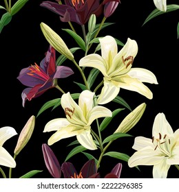 Seamless repeating pattern of dark and white lily flowers on black background, vector illustration. 