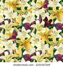 Seamless repeating pattern of dark, yellow and white lily flowers on green background, vector illustration. 