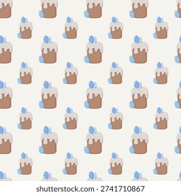 Seamless repeating pattern of decorated Easter cakes with dripping icing, sprinkles, and blue eggs on top, festive grid design for wrapping paper, fabric, and seasonal decoration