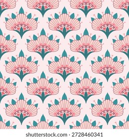 Patrón repetitivo sin fisuras con flores decorativas en forma de abanico en una paleta de colores pastel suave. Conveniente para la tela, el Fondo de pantalla, el papel de embalaje, la papelería, la materia textil, el empaquetado y los fondos digitales.
