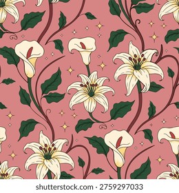 Seamless repeating pattern design with hand drawn calla lily and white lily flowers. Vector floral illustration of blooming lilies and vines on dusty rose background. Elegant botanical wallpaper texture with vintage lily motifs and decorative stars.