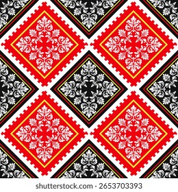 A seamless repeating pattern with diamond shapes filled with intricate floral motifs in red black white and yellow