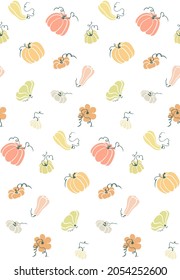 Seamless repeating pattern of different colorful pumpkins with curled tendrils.