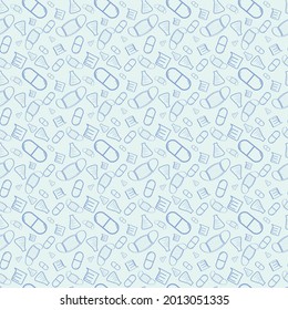 Seamless repeating pattern with different laboratory figures on a soft blue background