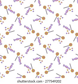 Seamless repeating pattern of different sweet candies on white background