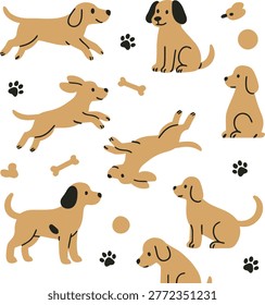Seamless repeating pattern with dogs in a playful minimal flat style. Clean vector design ideal for fabric, packaging, wallpaper, and print projects.