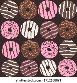 Seamless repeating pattern of donuts, on brown bakcground