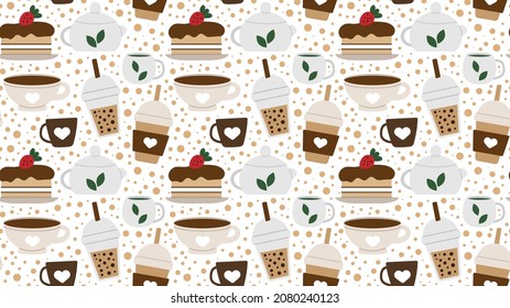 Seamless repeating pattern with drinks and desserts for cafe menu. Print for a shop with tea and coffee and a hot drink. Vector illustration