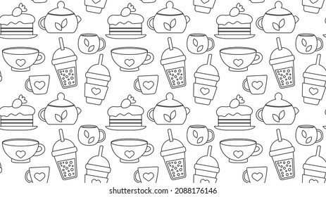 Seamless repeating pattern with drinks and desserts for cafe menu. Print for a shop with tea and coffee and a hot drink. Vector illustration