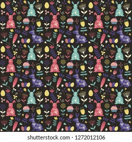 Seamless repeating pattern with easter traditional symbols and botanical ornament for wallpapers, backgrounds, wrapping paper and print on textile or fabric.