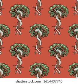 Seamless repeating pattern with Eden tree of life with apples and serpent. Biblical Christian symbol of temptation, sin and knowledge.