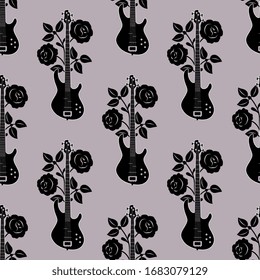 Seamless repeating pattern with electric bass guitar and roses. Monochrome silhouettes. Romantic music concept.