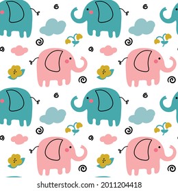 seamless repeating pattern with elephants and flowers