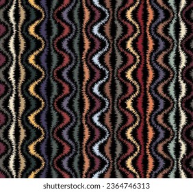 Seamless repeating pattern. Embroidered multicolor wavy stripes on a black background. Geometric striped ornament. Vintage style texture. Vector image.