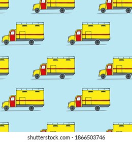 Seamless repeating pattern. Emergency service. Side view of a yellow truck, path from right to left. Freehand sketch.
