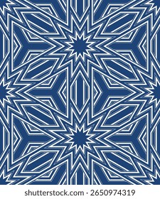 Seamless repeating pattern with an ethnic grid of outlined white stars on a blue background. Thin lines. Modern style. Abstract geometric design. Vector illustration.