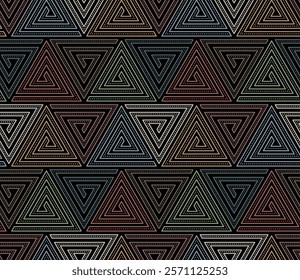 Seamless repeating pattern with an ethnic modern design of decorative spiral triangles made up of small multicolored circles and thin lines on a black background. Abstract vector illustration.