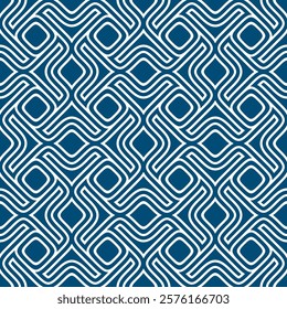 Seamless repeating pattern with an ethnic modern motif of small blue and white geometric shapes and lines. Abstract texture. Vector illustration.
