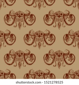 Seamless repeating pattern with fantastic sea monsters. Ancient Greek Minoan octopus motif. Hand drawn rough sketch.