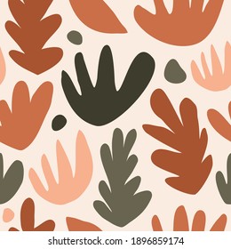 Seamless repeating pattern featuring abstract floral and organic shapes in warm earthy colors. Abstract contemporary collage style poster, wallpaper, fabric, packaging design.