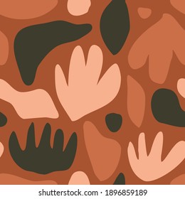Seamless repeating pattern featuring abstract floral and organic shapes in warm earthy colors. Abstract contemporary collage style poster, wallpaper, fabric, packaging design.