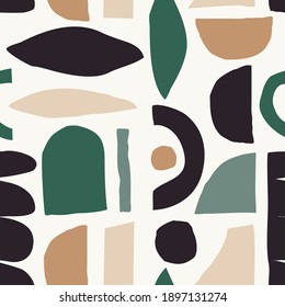 Seamless repeating pattern featuring abstract organic and geometric shapes in earthy colors. Perfect for fabric design, packaging and branding projects, art prints, wallpaper and wrapping paper.