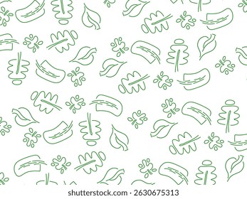 A seamless repeating pattern featuring abstract hand-drawn botanical shapes, including leaves, flowers, and organic elements, illustrated in minimalist green line art on a white background. 