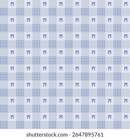  seamless repeating pattern featuring alternating blue gingham checks and delicate ribbon bow motifs on a soft gray-blue background. This charming design evokes a sweet, vintage-inspired aesthetic, 