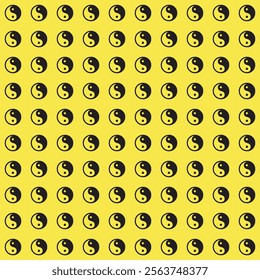 A seamless repeating pattern featuring black Yin-Yang symbols on a bright yellow background, creating a bold and harmonious design.