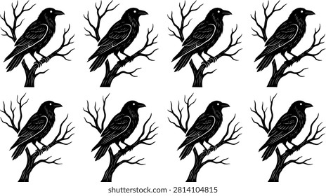 A seamless repeating pattern featuring black ravens silhouetted against a white background, perched on stark branches.