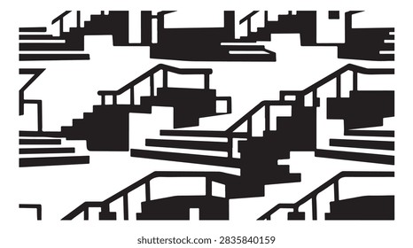 seamless repeating pattern featuring black and white abstract staircase designs with graphic steps and geometric handrails for modern backgrounds and creative design projects