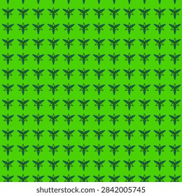 Seamless repeating pattern featuring blue and dark green insect motifs arranged in an orderly grid on a vivid bright green background. The bold contrasting colors and symmetrical arrangement create a playful, eye-catching decorative texture suitable for textile printing, fabric, wallpaper, packaging, wrapping paper, stationery, fashion design, and modern surface decoration.