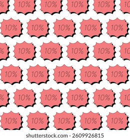 Seamless repeating pattern featuring bold red 10% discount tags with playful comic-style edges and dramatic shadows.