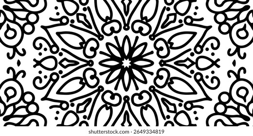 A seamless, repeating pattern featuring bold black outlines against a white background, showcasing a central starburst surrounded by flowing, organic shapes and dots.