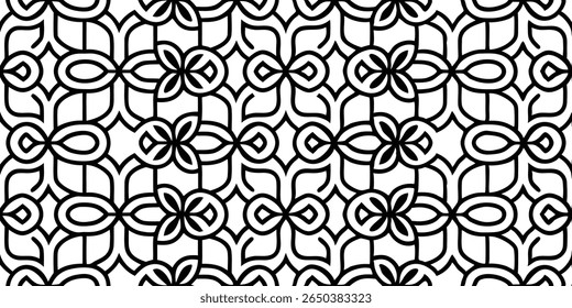 A seamless, repeating pattern featuring bold black lines on a white background. The design incorporates stylized floral elements and flowing, organic shapes creating a sophisticated aesthetic.