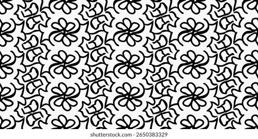 A seamless, repeating pattern featuring bold black lines on a white background, creating stylized floral motifs and abstract organic shapes with a sense of movement.